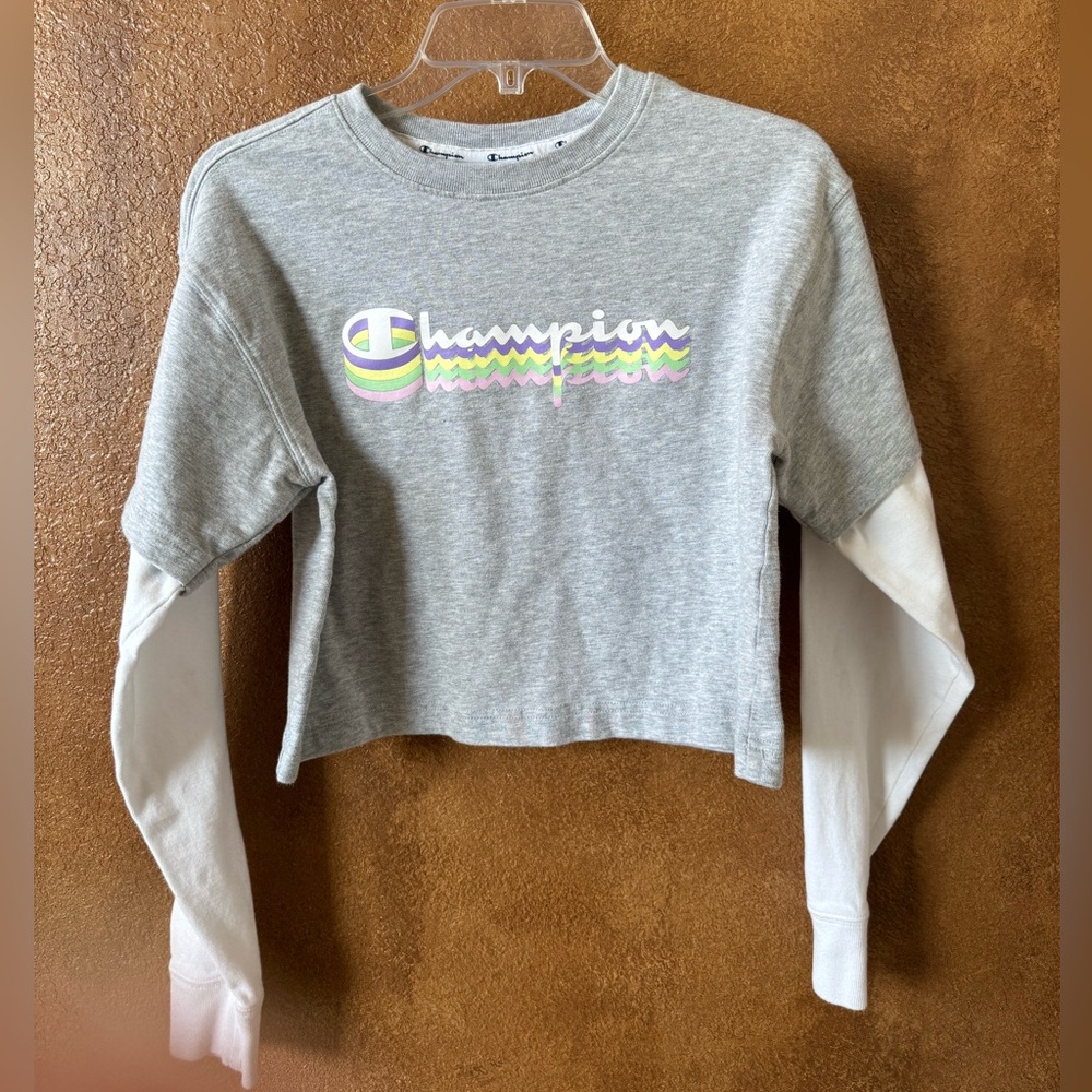 Champion Gray Cropped Long Sleeve Layered Look T Shirt Size Small - Picture 1 of 3